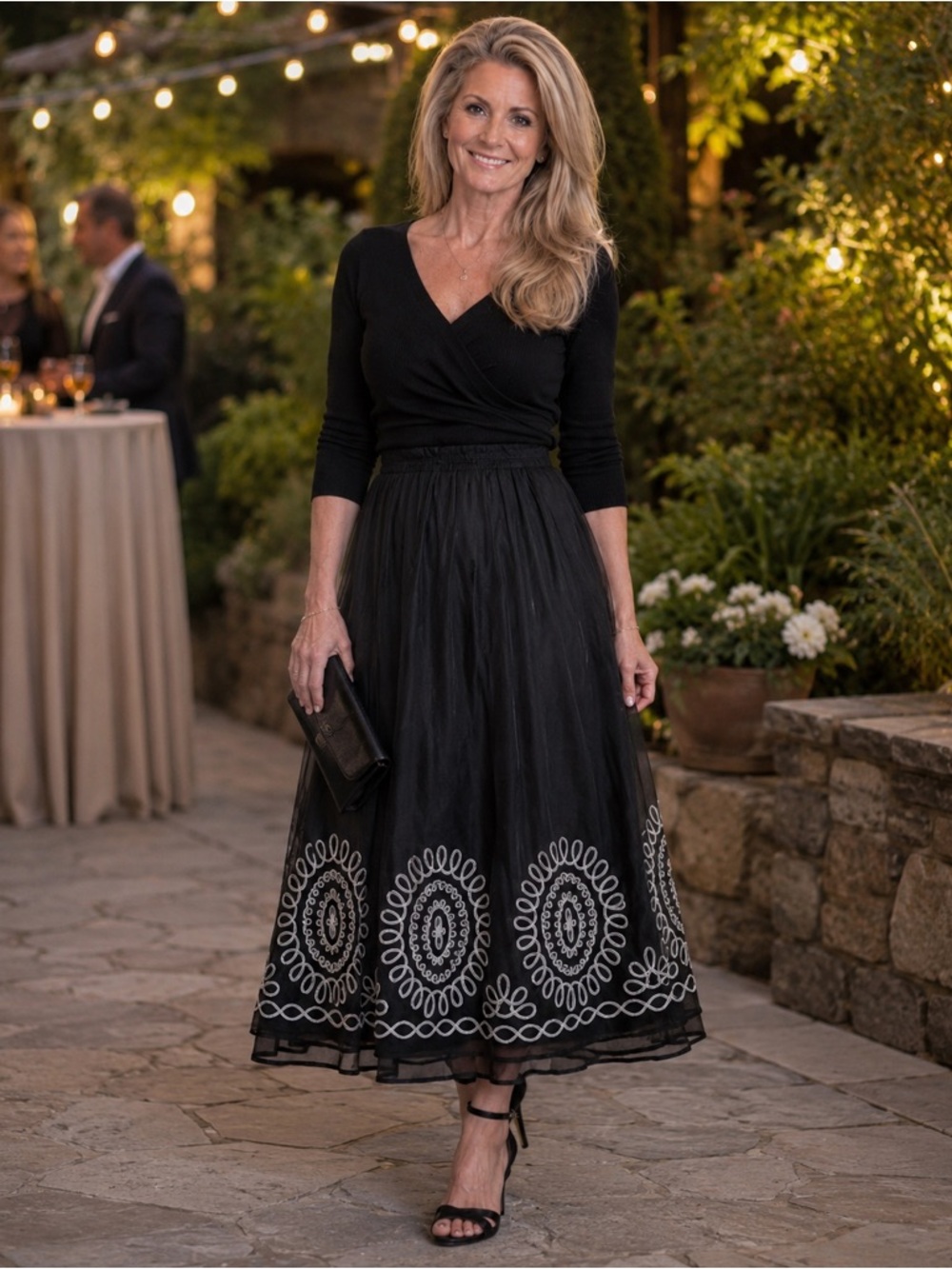 Victor Costa Black Layered Embroidered Midi Skirt XS Minimalist Romantic Ballet